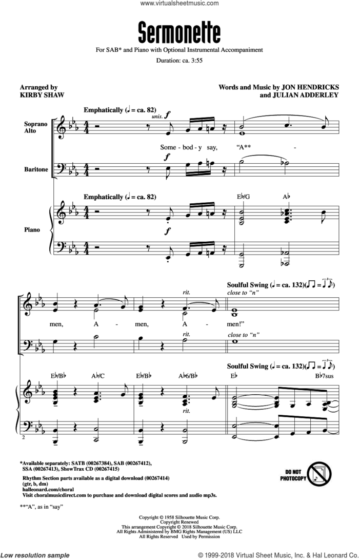 Sermonette sheet music for choir (SAB: soprano, alto, bass) by Jon Hendricks, Kirby Shaw, Lambert, Hendricks & Ross and Julian Adderley, intermediate skill level