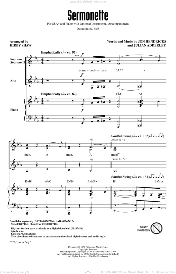 Sermonette sheet music for choir (SSA: soprano, alto) by Jon Hendricks, Kirby Shaw, Lambert, Hendricks & Ross and Julian Adderley, intermediate skill level
