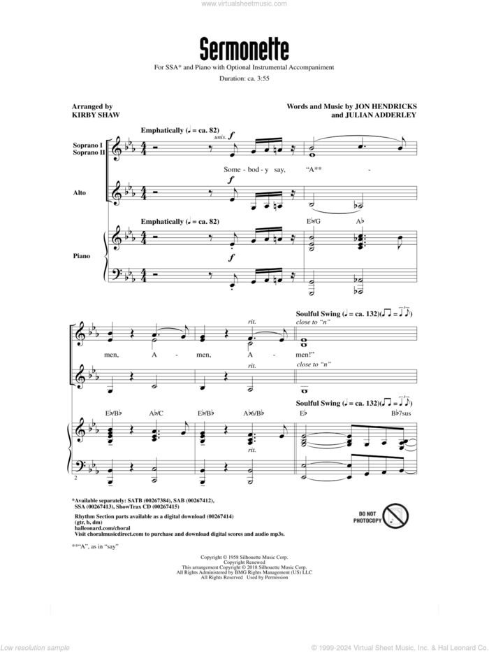 Sermonette sheet music for choir (SSA: soprano, alto) by Jon Hendricks, Kirby Shaw, Lambert, Hendricks & Ross and Julian Adderley, intermediate skill level