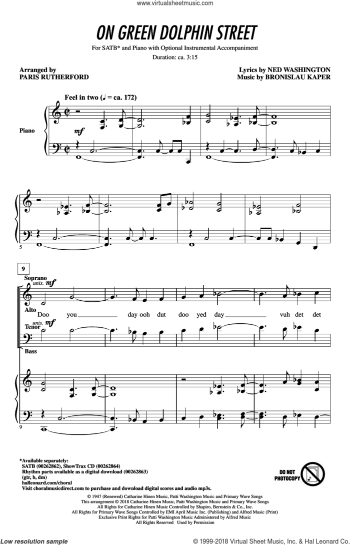 On Green Dolphin Street sheet music for choir (SATB: soprano, alto, tenor, bass) by Ned Washington, Paris Rutherford and Bronislau Kaper, intermediate skill level