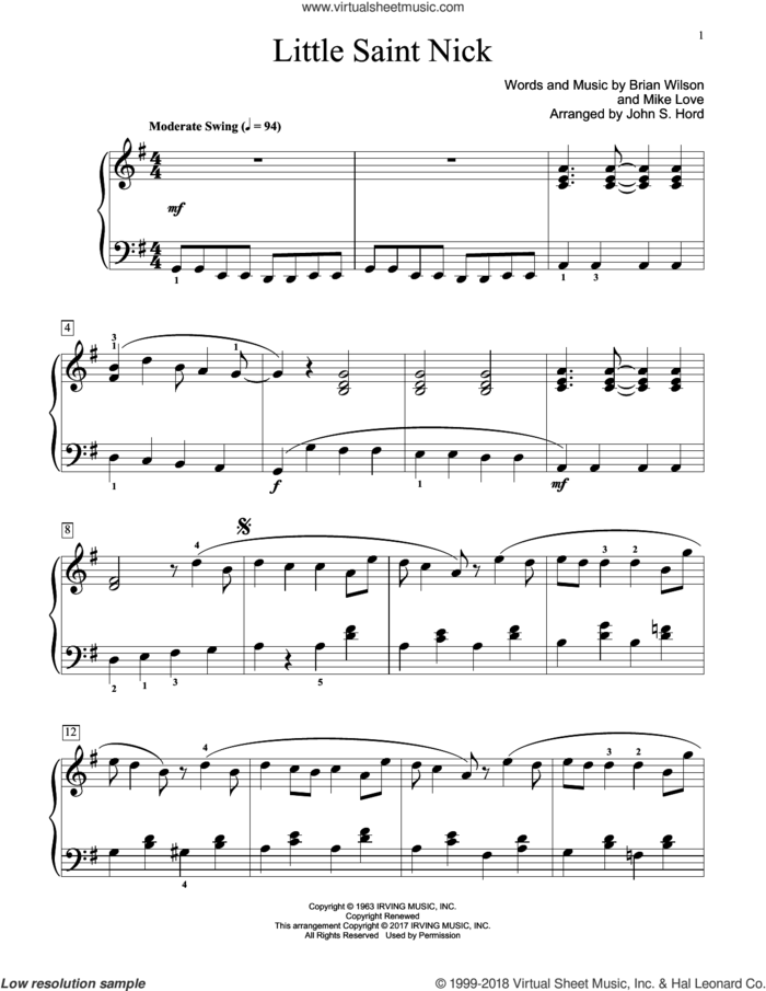 Little Saint Nick sheet music for piano solo (elementary) by Brian Wilson, John S. Hord, The Beach Boys and Mike Love, beginner piano (elementary)