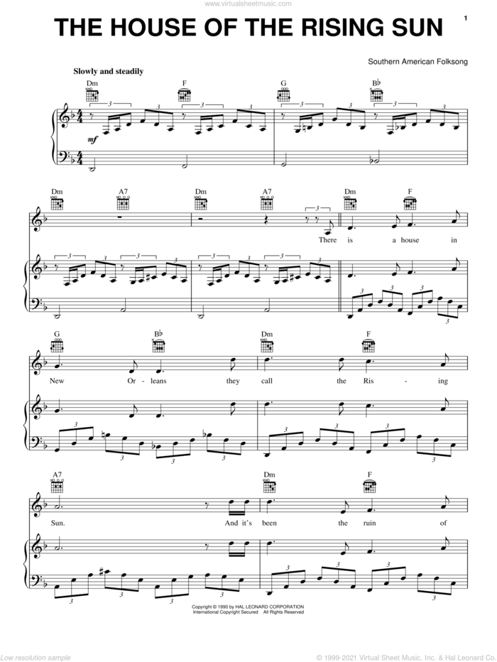 House Of The Rising Sun sheet music for voice, piano or guitar  and The Animals, intermediate skill level