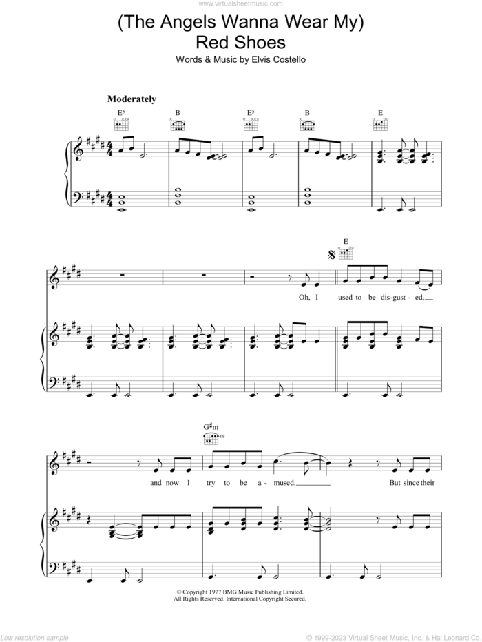 (The Angels Wanna Wear My) Red Shoes sheet music for voice, piano or guitar by Elvis Costello and Declan Macmanus, intermediate skill level