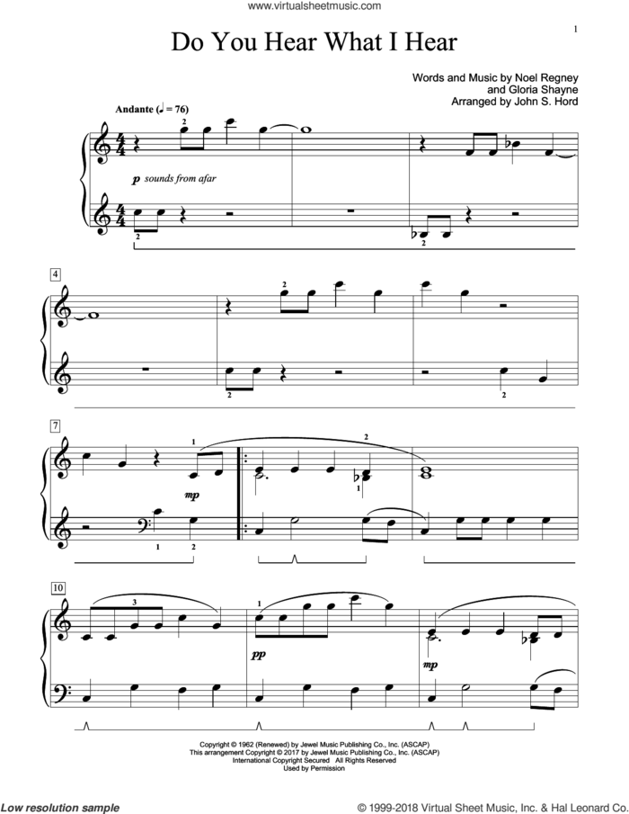 Do You Hear What I Hear sheet music for piano solo (elementary) by Gloria Shayne, John S. Hord, Carole King, Carrie Underwood, Susan Boyle feat. Amber Stassi and Noel Regney, beginner piano (elementary)