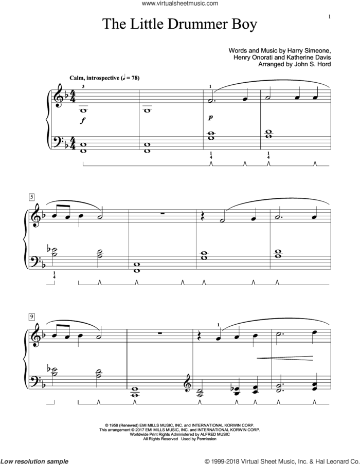 The Little Drummer Boy sheet music for piano solo (elementary) by Katherine Davis, John S. Hord, Harry Simeone and Henry Onorati, beginner piano (elementary)