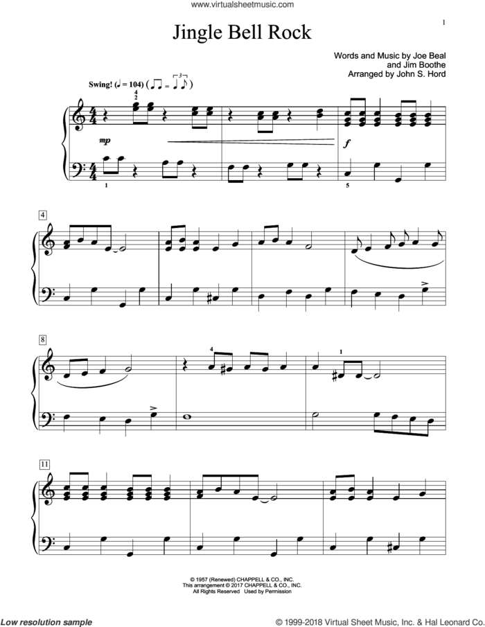Jingle Bell Rock (arr. John S. Hord) sheet music for piano solo (elementary) by Joe Beal, John S. Hord, Aaron Tippin, Bobby Helms and Jim Boothe, beginner piano (elementary)