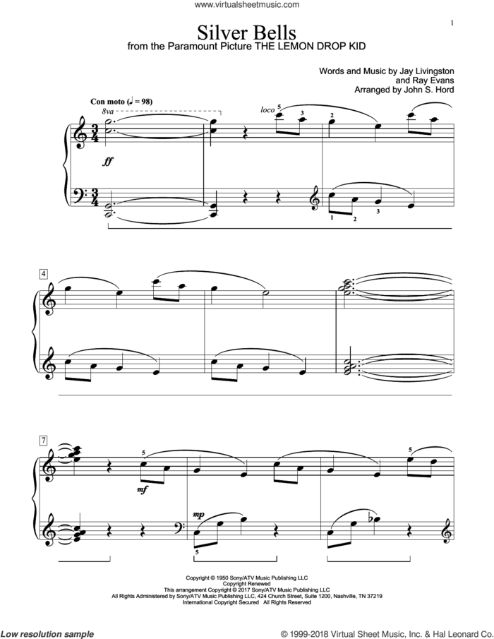 Silver Bells sheet music for piano solo (elementary) by Jay Livingston, John S. Hord and Ray Evans, beginner piano (elementary)