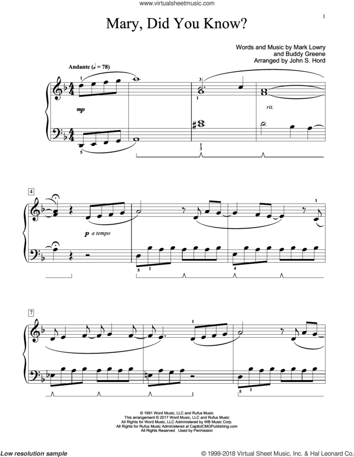 Mary, Did You Know? sheet music for piano solo (elementary) by Buddy Greene, John S. Hord, Kathy Mattea and Mark Lowry, beginner piano (elementary)