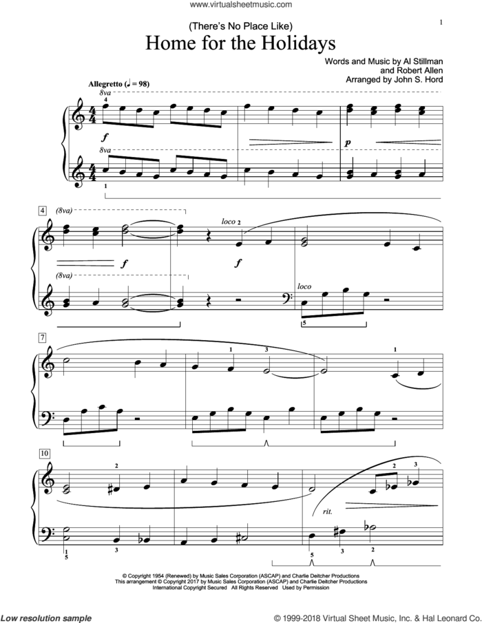 (There's No Place Like) Home For The Holidays sheet music for piano solo (elementary) by Al Stillman, John S. Hord, Perry Como and Robert Allen, beginner piano (elementary)