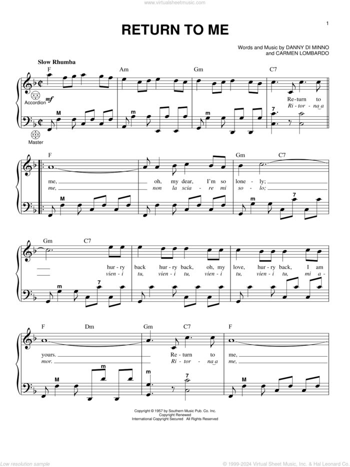 Return To Me sheet music for accordion by Gary Meisner, Carmen Lombardo and Danny Di Minno, intermediate skill level