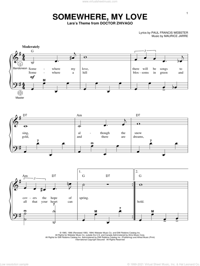 Somewhere, My Love sheet music for accordion by Paul Francis Webster, Gary Meisner and Maurice Jarre, intermediate skill level