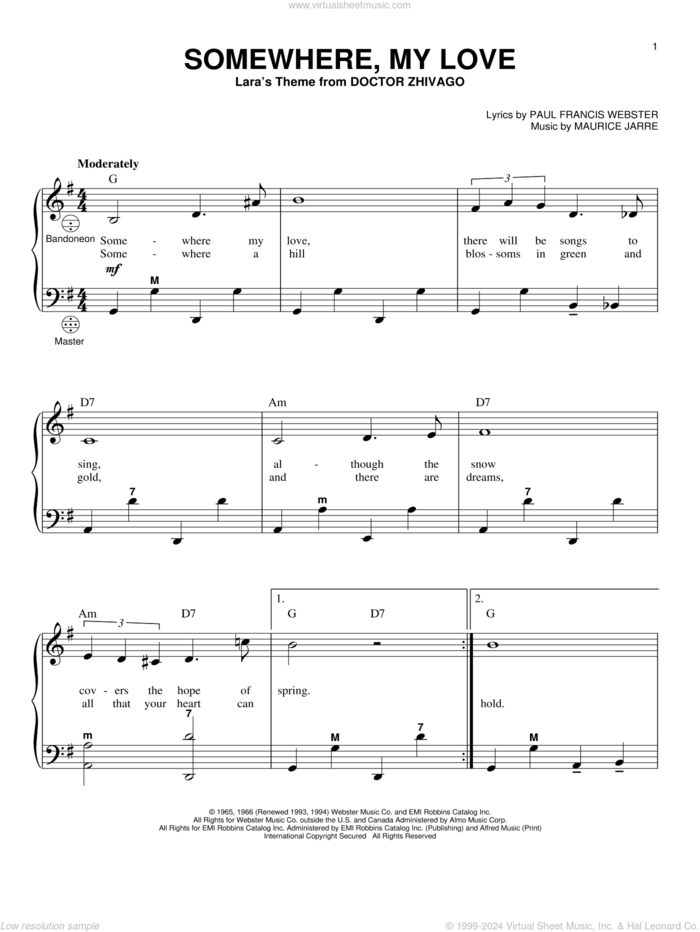 Somewhere, My Love sheet music for accordion by Paul Francis Webster, Gary Meisner and Maurice Jarre, intermediate skill level