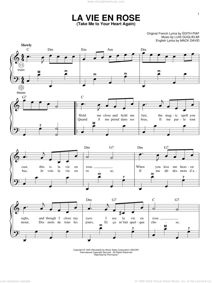 La Vie En Rose (Take Me To Your Heart Again) sheet music for accordion by Mack David, Gary Meisner, Edith Piaf and Louis Guglielmi, intermediate skill level