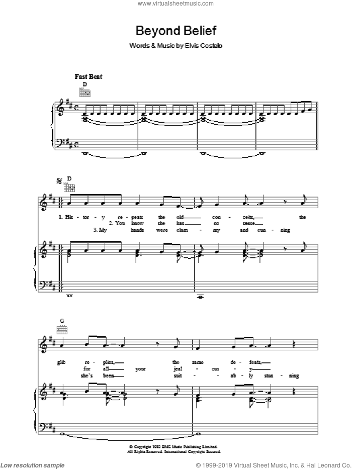 Beyond Belief sheet music for voice, piano or guitar by Elvis Costello and Declan Macmanus, intermediate skill level