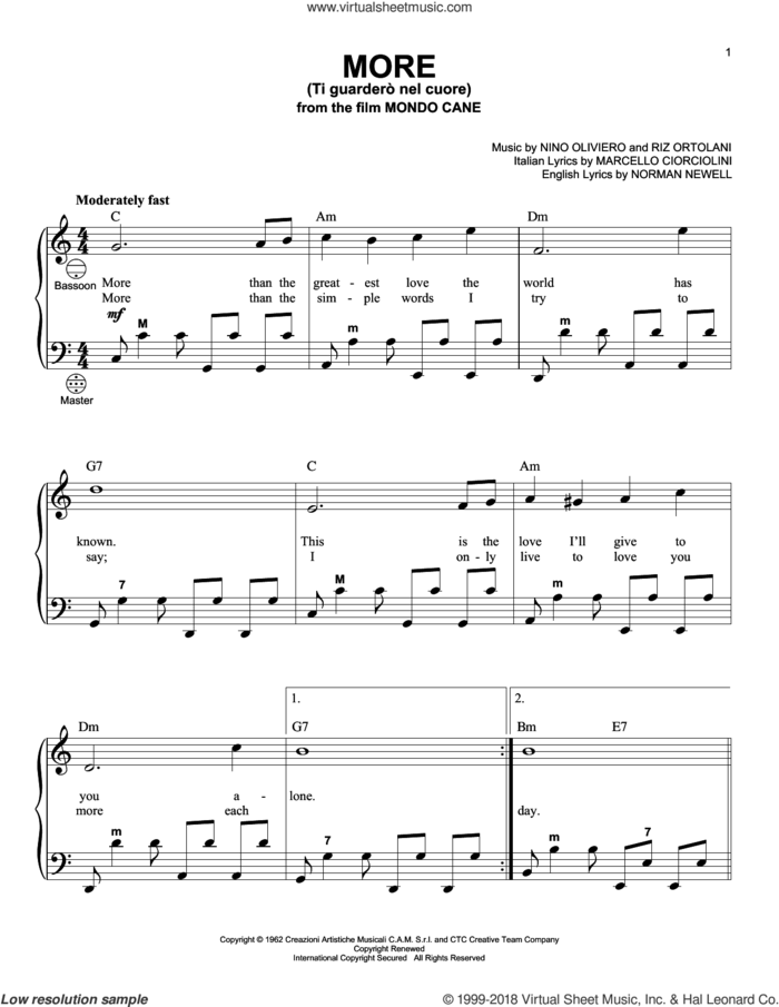 More (Ti Guardero Nel Cuore) sheet music for accordion by Norman Newell, Gary Meisner, Marcello Ciorciolini, Nino Oliviero and Riz Ortolani, wedding score, intermediate skill level