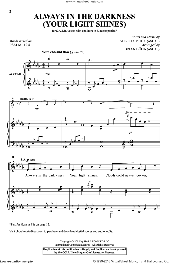 Always In The Darkness (Your Light Shines) sheet music for choir (SATB: soprano, alto, tenor, bass) by Patricia Mock and Brian Buda, intermediate skill level