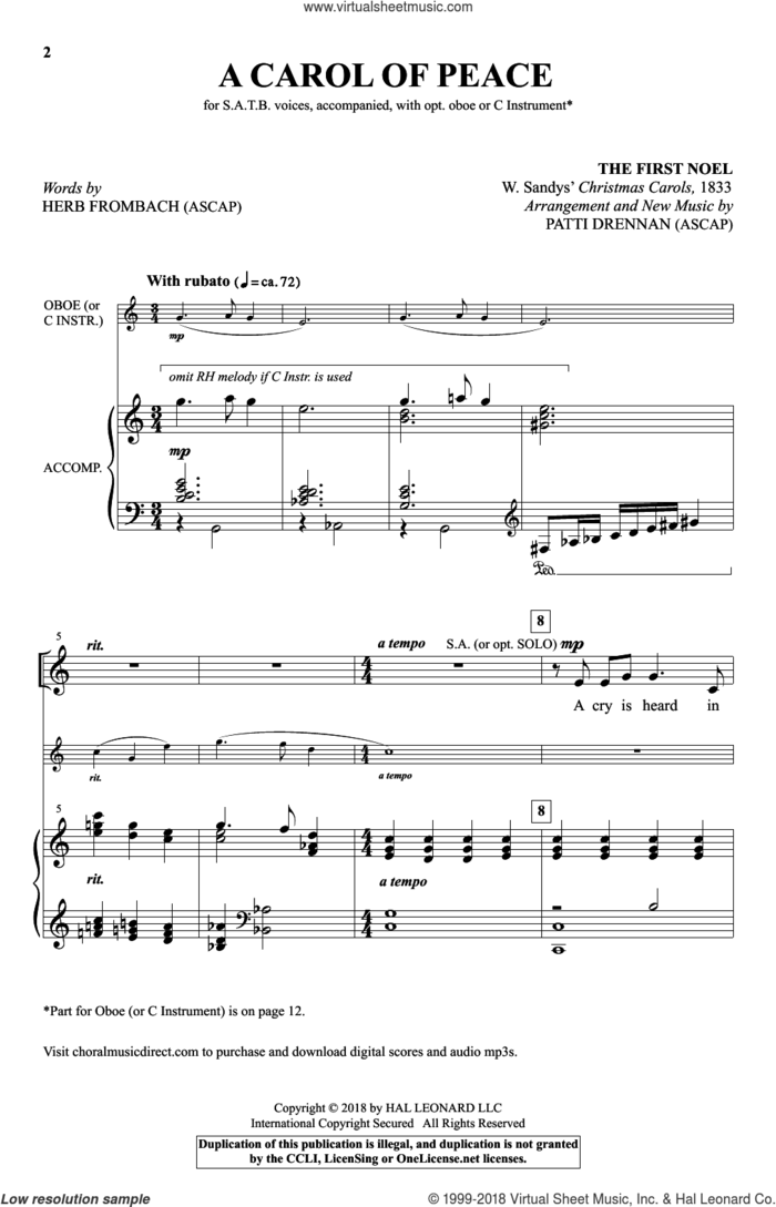 A Carol Of Peace sheet music for choir (SATB: soprano, alto, tenor, bass) by Patti Drennan and Herb Frombach, intermediate skill level