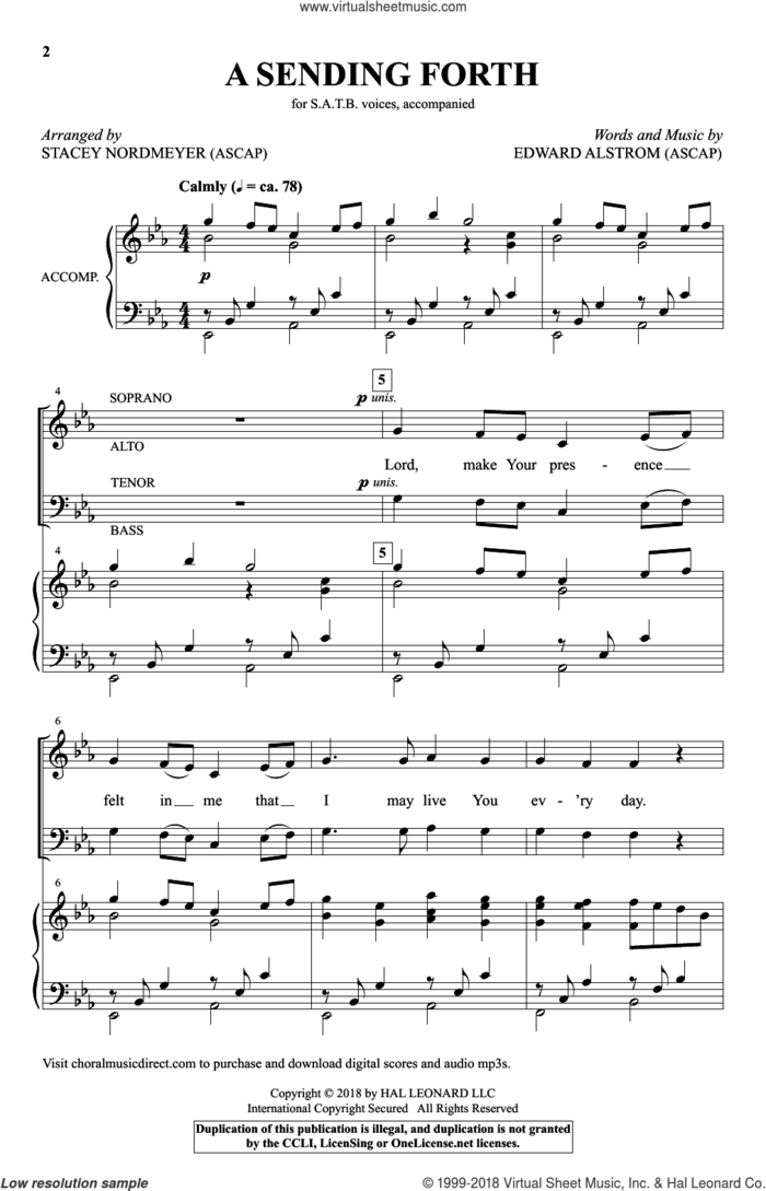 A Sending Forth (arr. Stacey Nordmeyer) sheet music for choir (SATB: soprano, alto, tenor, bass) by Edward Alstrom and Stacey Nordmeyer, intermediate skill level