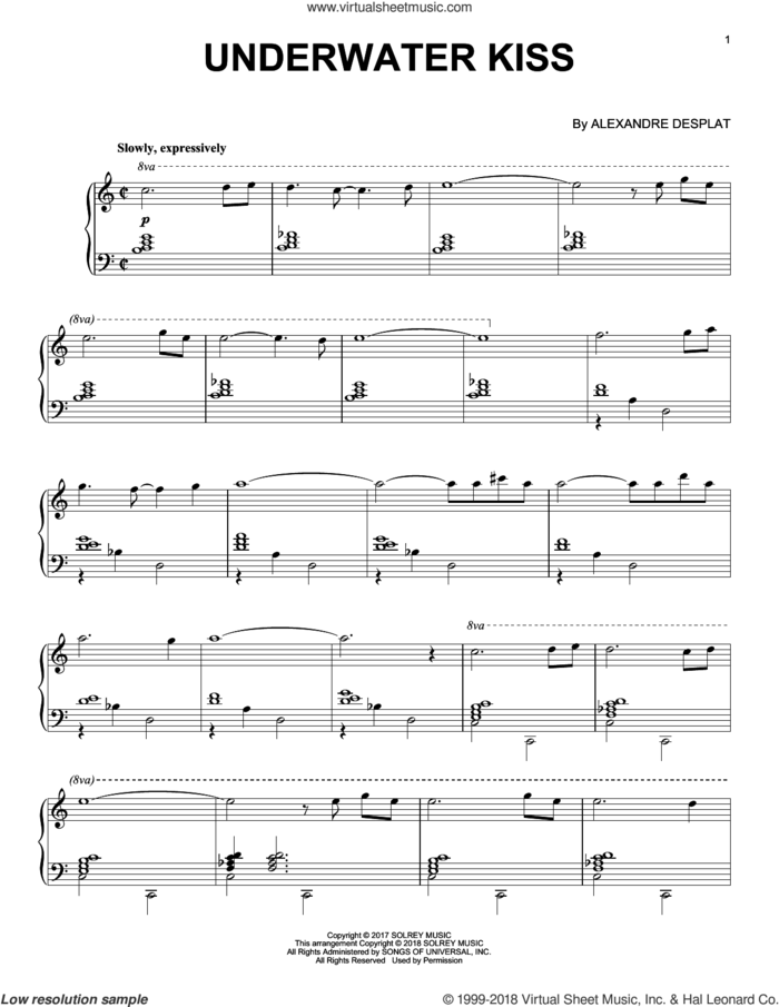 Underwater Kiss sheet music for piano solo by Alexandre Desplat, intermediate skill level