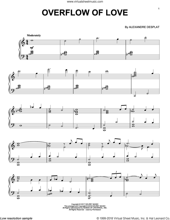 Overflow Of Love sheet music for piano solo by Alexandre Desplat, intermediate skill level