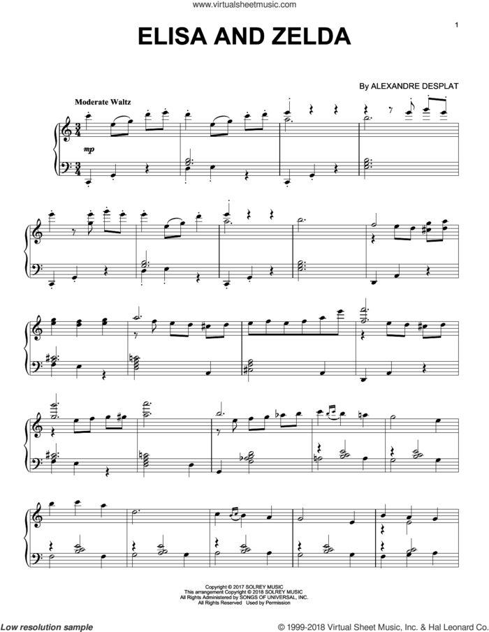 Elisa And Zelda sheet music for piano solo by Alexandre Desplat, intermediate skill level
