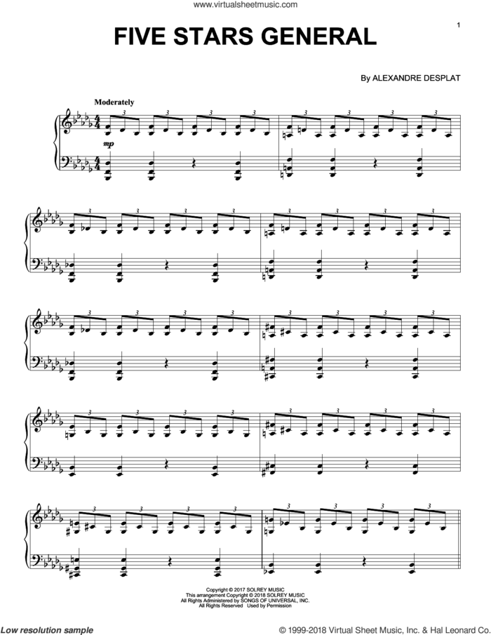 Five Stars General sheet music for piano solo by Alexandre Desplat, intermediate skill level