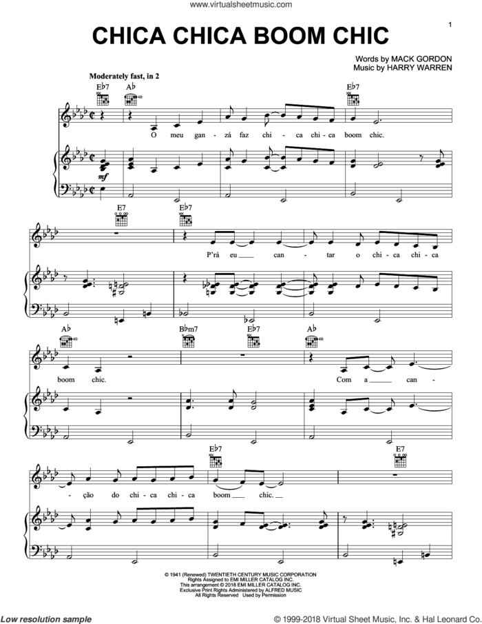 Chica Chica Boom Chic sheet music for voice, piano or guitar by Harry Warren, Alexandre Desplat and Mack Gordon, intermediate skill level
