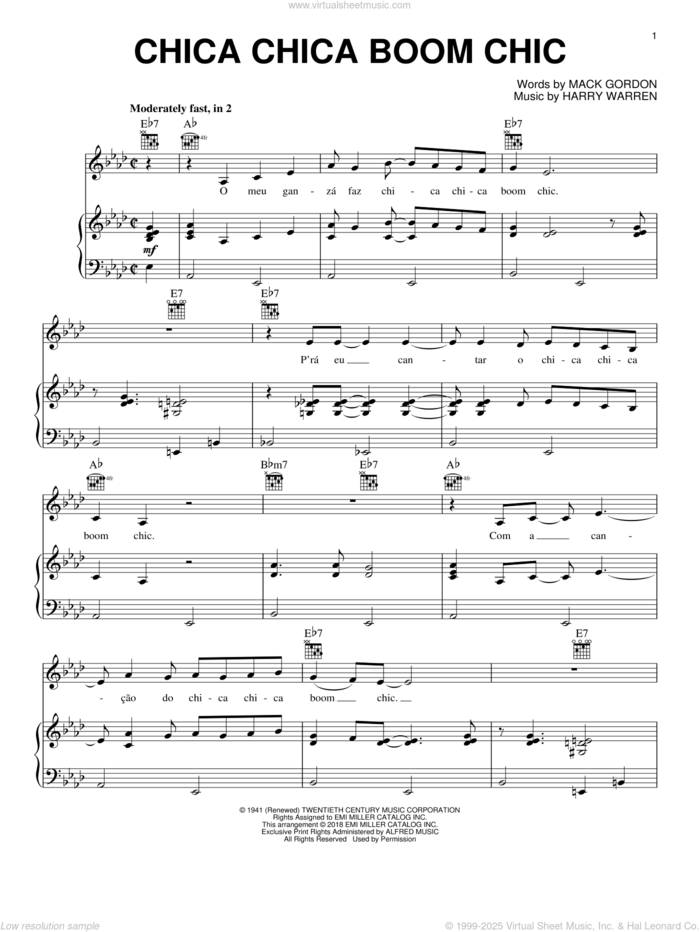 Chica Chica Boom Chic sheet music for voice, piano or guitar by Harry Warren, Alexandre Desplat and Mack Gordon, intermediate skill level