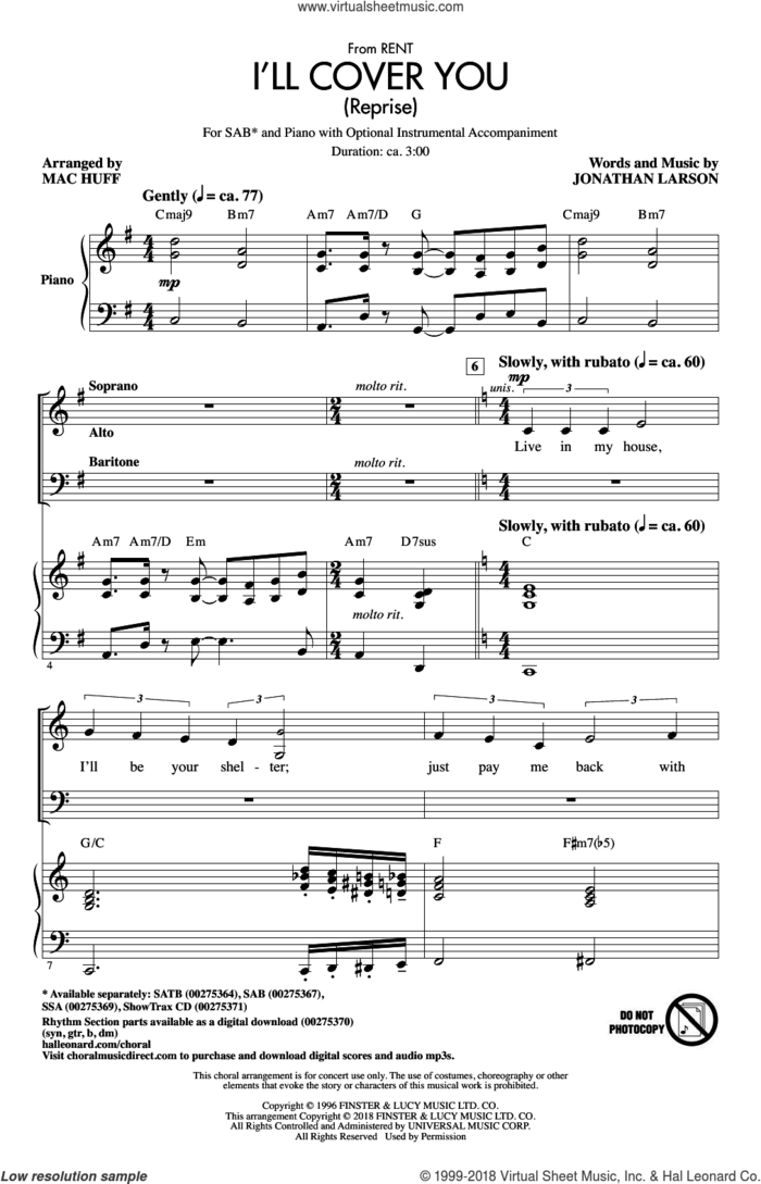 I'll Cover You (Reprise) sheet music for choir (SAB: soprano, alto, bass) by Jonathan Larson and Mac Huff, intermediate skill level