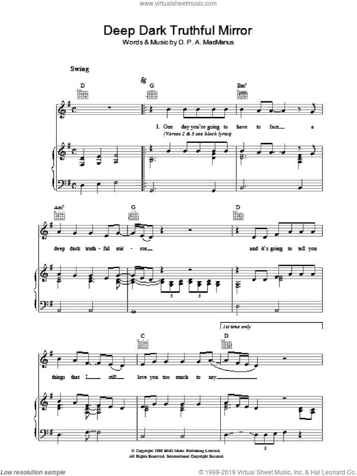 Deep Dark Truthful Mirror sheet music for voice, piano or guitar by Elvis Costello and Declan Macmanus, intermediate skill level