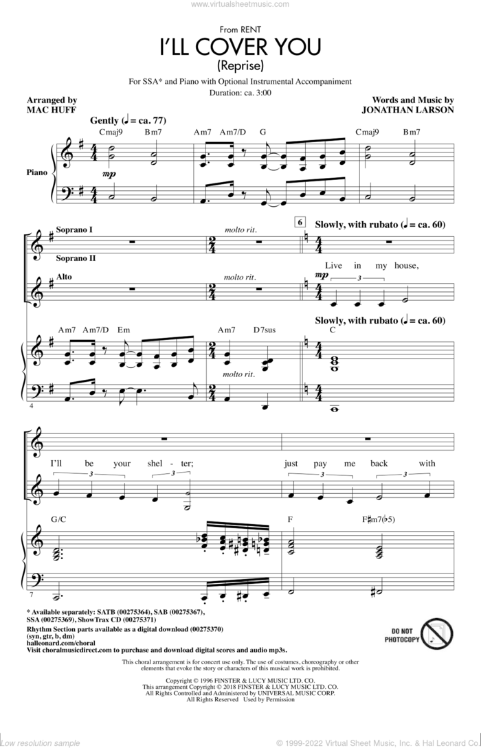 I'll Cover You (Reprise) sheet music for choir (SSA: soprano, alto) by Jonathan Larson and Mac Huff, intermediate skill level