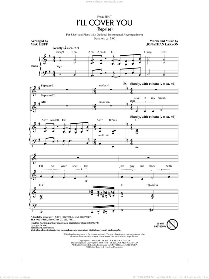 I'll Cover You (Reprise) sheet music for choir (SSA: soprano, alto) by Jonathan Larson and Mac Huff, intermediate skill level