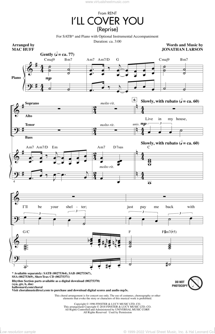 I'll Cover You (Reprise) sheet music for choir (SATB: soprano, alto, tenor, bass) by Jonathan Larson and Mac Huff, intermediate skill level
