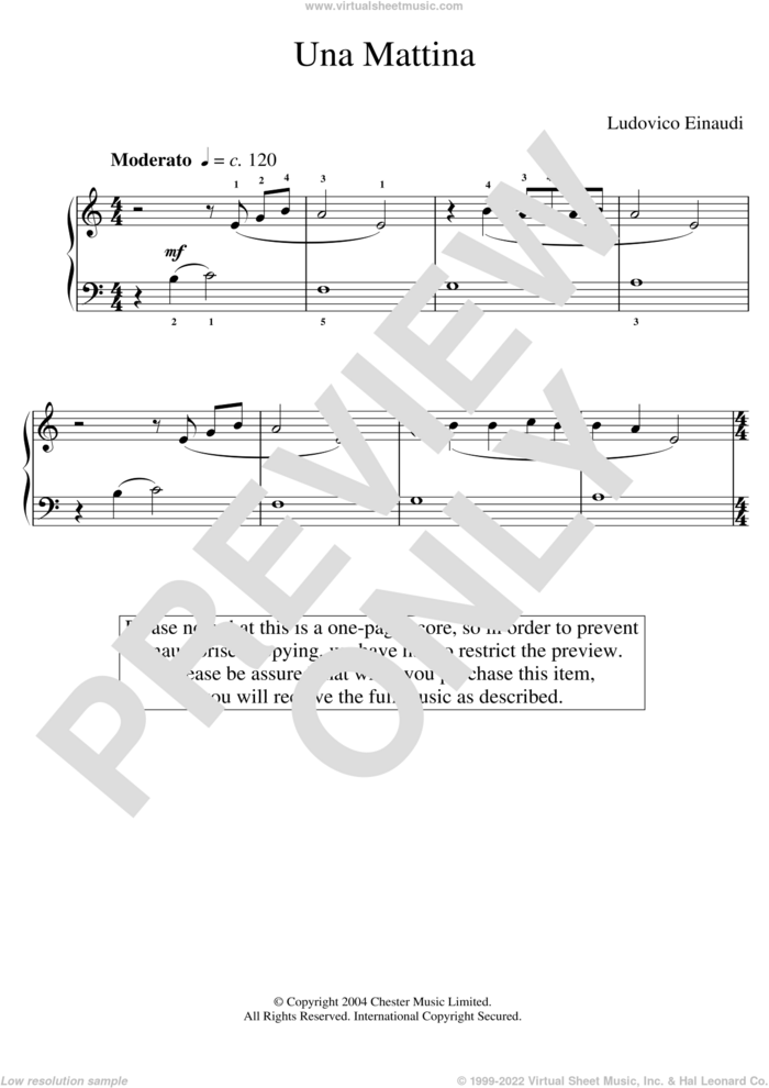 Una Mattina (abridged) sheet music for piano solo (elementary) by Ludovico Einaudi, classical score, beginner piano (elementary)