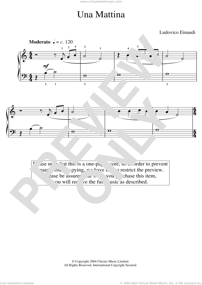 Una Mattina (abridged) sheet music for piano solo (elementary) by Ludovico Einaudi, classical score, beginner piano (elementary)