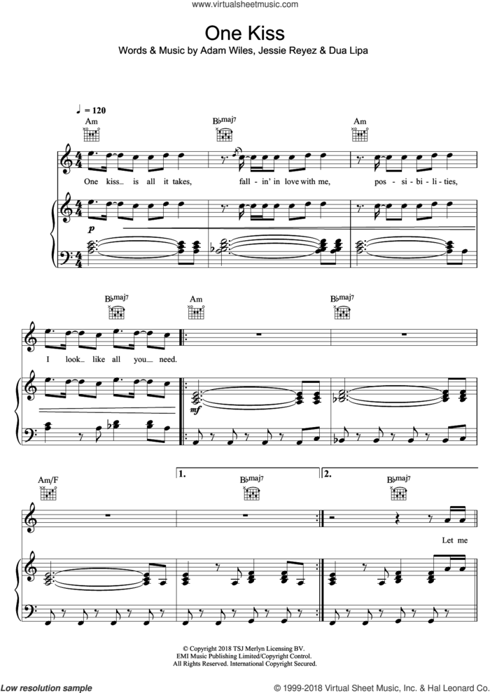 One Kiss sheet music for voice, piano or guitar by Calvin Harris, Adam Wiles, Dua Lipa and Jessie Reyez, intermediate skill level