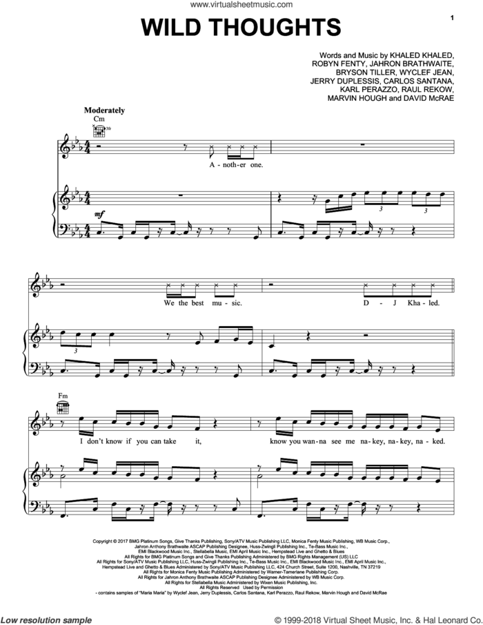 Wild Thoughts (feat. Rihanna and Bryson Tiller) sheet music for voice, piano or guitar by DJ Khaled (feat Rihanna), DJ Khaled, Bryan Tiller, Carlos Santana, David McRae, Hough Moore, Jahron Brathwaite, Jean Wyclef, Jerry Duplessis, Khaled Khaled and Robyn Fenty, intermediate skill level