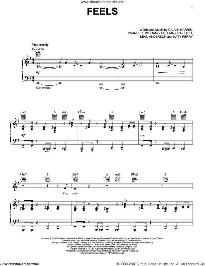 Feels (feat. Pharrell Williams, Katy Perry and Big Sean) sheet music for voice, piano or guitar by Calvin Harris, Big Sean, Calvin Harris ft. Pharrell Williams, Brittany Hazzard, Katy Perry, Pharrell Williams and Sean Anderson, intermediate skill level