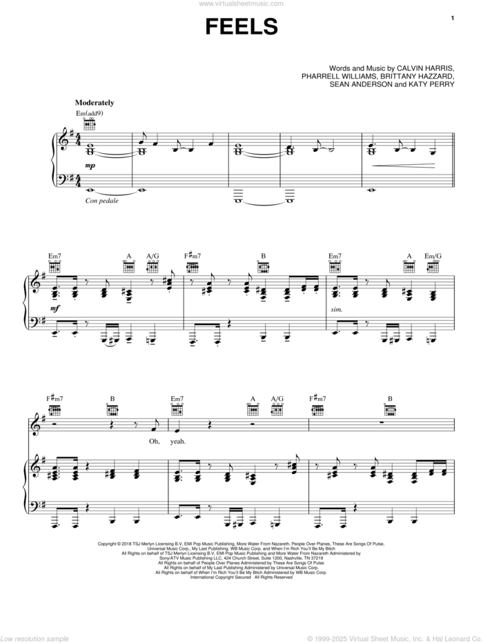 Feels (feat. Pharrell Williams, Katy Perry and Big Sean) sheet music for voice, piano or guitar by Calvin Harris, Big Sean, Calvin Harris ft. Pharrell Williams, Brittany Hazzard, Katy Perry, Pharrell Williams and Sean Anderson, intermediate skill level