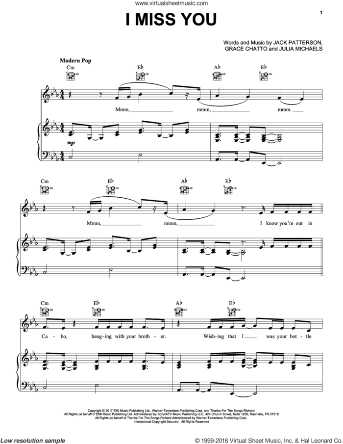 I Miss You sheet music for voice, piano or guitar by Clean Bandit ft. Julia Michaels, Grace Chatto, Jack Patterson and Julia Michaels, intermediate skill level