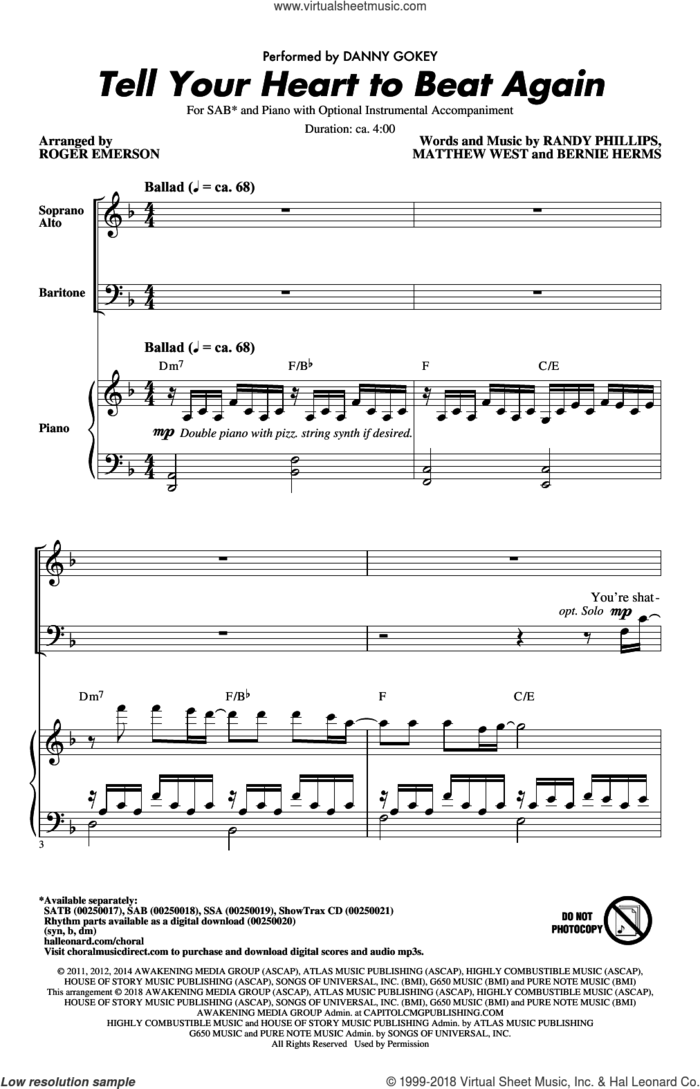 Tell Your Heart To Beat Again sheet music for choir (SAB: soprano, alto, bass) by Matthew West, Roger Emerson, Danny Gokey, Bernie Herms and Randy Phillips, intermediate skill level