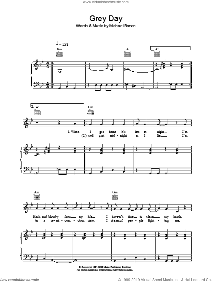 Grey Day sheet music for voice, piano or guitar by Madness and Michael Barson, intermediate skill level