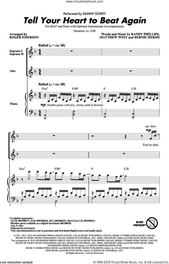 Tell Your Heart To Beat Again sheet music for choir (SSA: soprano, alto) by Matthew West, Roger Emerson, Danny Gokey, Bernie Herms and Randy Phillips, intermediate skill level