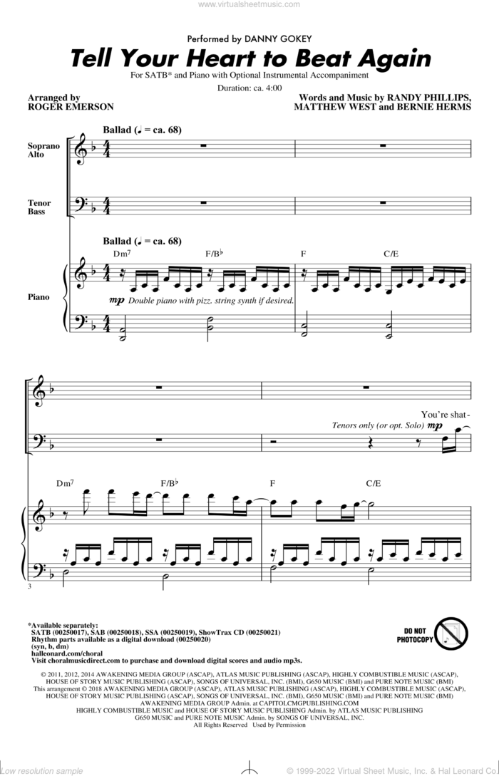 Tell Your Heart To Beat Again (arr. Roger Emerson) sheet music for choir (SATB: soprano, alto, tenor, bass) by Matthew West, Roger Emerson, Danny Gokey, Bernie Herms and Randy Phillips, intermediate skill level