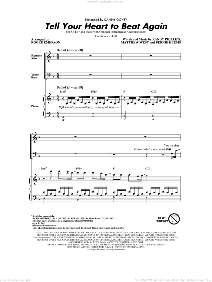 Tell Your Heart To Beat Again (arr. Roger Emerson) sheet music for choir (SATB: soprano, alto, tenor, bass) by Matthew West, Roger Emerson, Danny Gokey, Bernie Herms and Randy Phillips, intermediate skill level