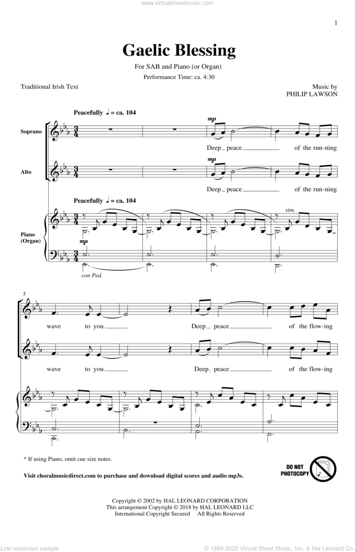 Gaelic Blessing sheet music for choir (SAB: soprano, alto, bass) by Philip Lawson, intermediate skill level