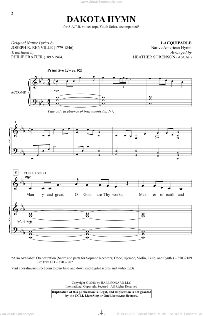 Dakota Hymn sheet music for choir (SATB: soprano, alto, tenor, bass) by Heather Sorenson, Joseph R. Renville and Philip Frazier, intermediate skill level