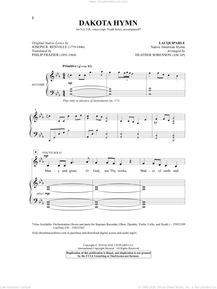 Dakota Hymn sheet music for choir (SATB: soprano, alto, tenor, bass) by Heather Sorenson, Joseph R. Renville and Philip Frazier, intermediate skill level