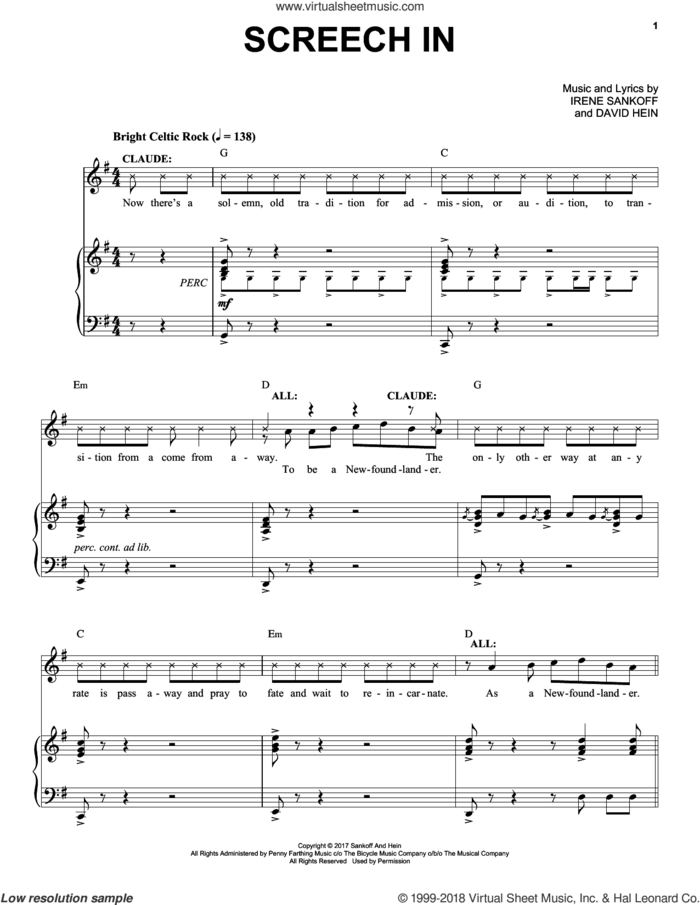 Screech In (from Come from Away) sheet music for voice and piano by Irene Sankoff, David Hein and Irene Sankoff & David Hein, intermediate skill level