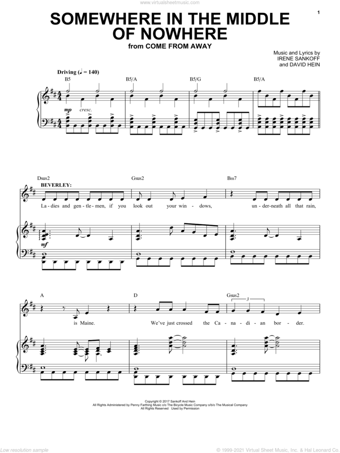 Somewhere In The Middle Of Nowhere (38 Planes Reprise) (from Come from Away) sheet music for voice and piano by Irene Sankoff, David Hein and Irene Sankoff & David Hein, intermediate skill level